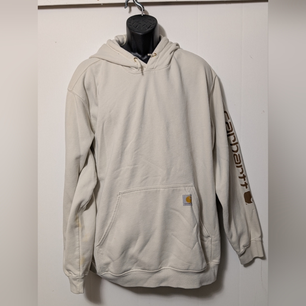 Men's Carhartt Cream/Beige and Brown Hooded Sweatshirt Hoodie Size 2XL